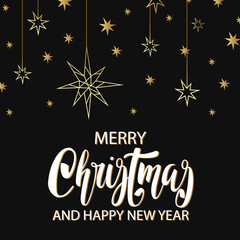 Fototapeta na wymiar Merry Christmas and Happy New Year luxury background with golden stars . Greeting card, invitation, flyer.
