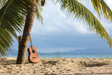 An acoustic guitar standing in the sandy beach under palm tree