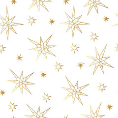New Year and Christmas luxury gold seamless pattern with stars. Greeting card, invitation, flyer.