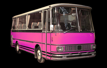 Old retro pink bus. Isolated on black background.