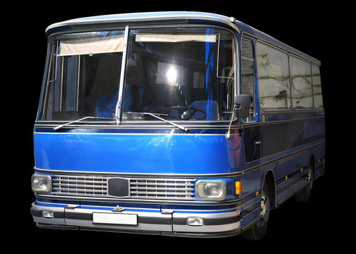 Old retro blue bus. Isolated on black background.