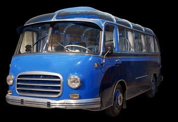 Old retro blue bus. Isolated on black background.