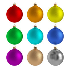 Christmas collection. Set of colored balls for Christmas tree, isolated on white background. Red, orange, yellow, green, light blue, dark blue, purple, gold, silver. 3D rendering.