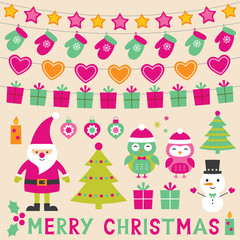 Christmas set with Santa Claus, cartoon owls and decoration