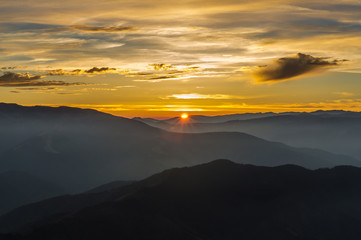 Panoramic mountain view at sunset