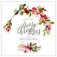 Christmas card. Watercolor painting with hand lettering. Berry wreath for Christmas. Watercolor.
