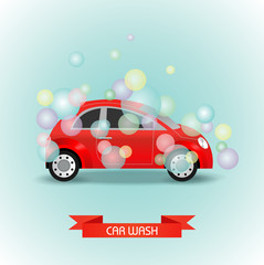 Car wash Vector illustration. The car is red in multi-colored soap bubbles