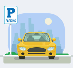 Parking place with one car. Vector flat cartoon illustration