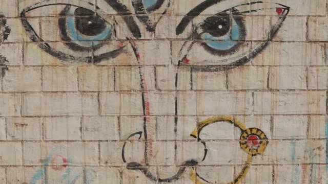CU TU Painting of traditionally Indian woman on wall / Varanasi, India