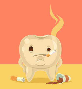 Smoking tooth character. Vector flat cartoon illustration