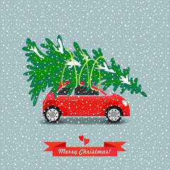 Red car carries the Christmas tree. Vector illustration.
