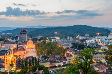 Fototapeta premium Night aerial view of Ljubljana, Slovenia.