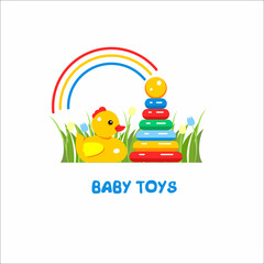  Toys kids. Vector sign, the logo for the toy store. Pyramid, ducky and the rainbow on the grass