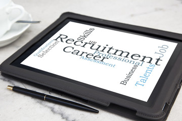 tablet with recruitment word cloud