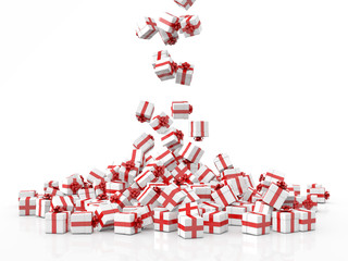 Falling Christmas gift boxes on white background