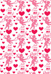 Seamless pattern with silhouettes of angel and heart, calligraph
