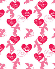 Fototapeta na wymiar Seamless pattern with silhouettes of angel and heart, calligraph