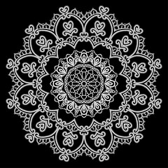 Round Frame - floral lace ornament - white on black background.