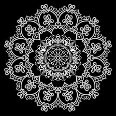 Round Frame - floral lace ornament - white on black background.