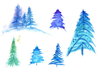 Watercolor set of trees, pine, cedar, fir. Winter illustration on a white background isolated. Vintage patterns for design