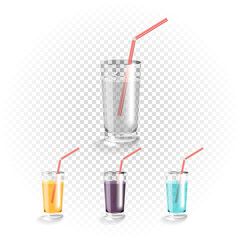Different drinks on transparent glass set