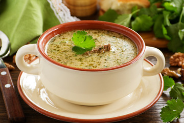 Kharcho soup of beef with walnuts and rice. Georgian cuisine.