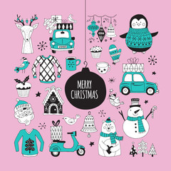 Christmas holiday cute hand drawing elements and stickers for gr