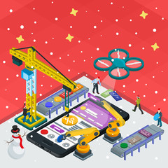 Developing mobile app flat 3d isometric style. People working on startup. Red web design. Frontend developer app. 3d crane and robotic arm. Black smartphone in 3d style. Christmas theme