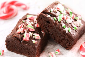 Candy cane brownies, selective focus