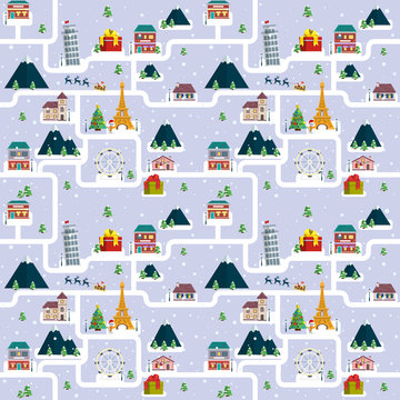 Christmas seamless pattern with Santa and festive town. Vector seamless pattern. Attractions; houses; mountains; gifts and ferris wheel. Winter festive background for advertising and packaging.