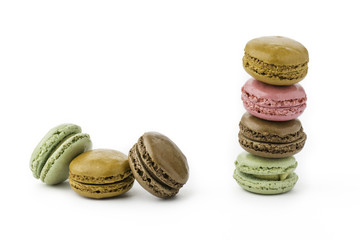 Sweet and colourful french macaroons or macaron on white background