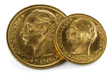 Danish gold coins isolated on white background
