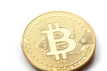 Golden Bitcoin coin isolated on white
