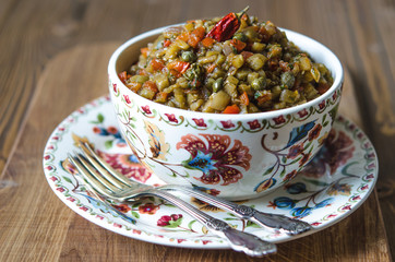 Eggplant caviar with tomato onion sweet chilli and capers