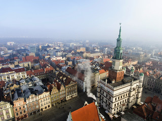 Town Hall (ratusz)  and old market square in Poznan, Poland. Aerial view