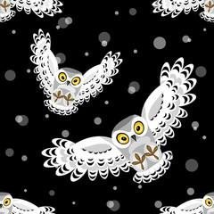 Seamless pattern with flying polar owls