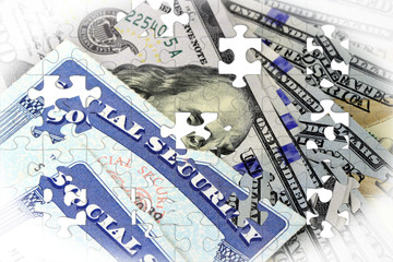 Social security card and US currency one hundred dollar bill - Retirement Concept Social Security Benefits