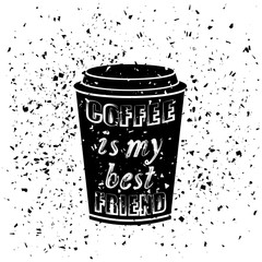 Black Coffee Paper Cup Covered with Hand Drawing Quote on the Theme of Coffee. Typography Design on Grunge Particles Background