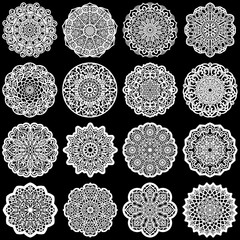 Large  set of design elements, lace round paper doily, doily to decorate the cake, template for cutting, greeting element,  snowflake, laser cut;  vector illustrations