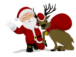 Santa and his reindeer are sitting on transparent background

