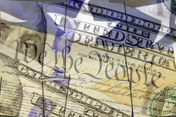 US constitution We the People, American flag and one hundred dollar bill - Finance and government concept