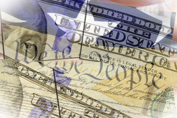 US constitution We the People, American flag and one hundred dollar bill - Finance and government concept
