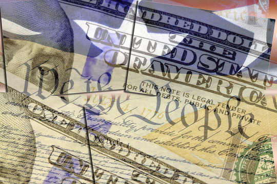 US Constitution We The People, American Flag And One Hundred Dollar Bill - Finance And Government Concept