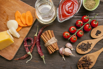everything on wood table for the preparation of acute Italian sa