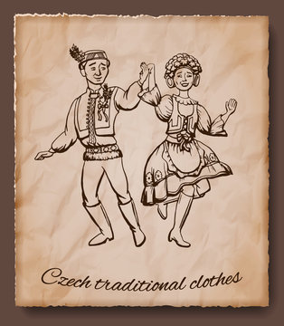 Czech traditional clothes vector illustration. Man and woman dancing in national czech costume.