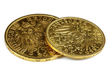 Hamburg gold coins (German Empire Goldmark) isolated on white background