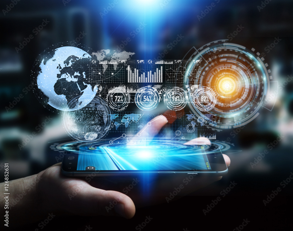 Poster businessman using hologram screen with digital data