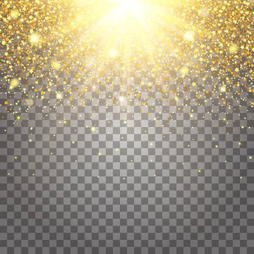 Effect of flying parts gold glitter luxury rich design background. Light gray background for effect. Stardust spark the explosion on a transparent background. Luxury golden texture