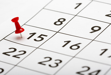 Pin on the date number 15. The fifteenth day of the month is marked with a red thumbtack. Focus point on the red pin.

