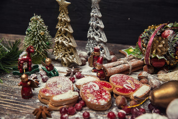 Christmas or New Year dark wooden background, Xmas brown board f